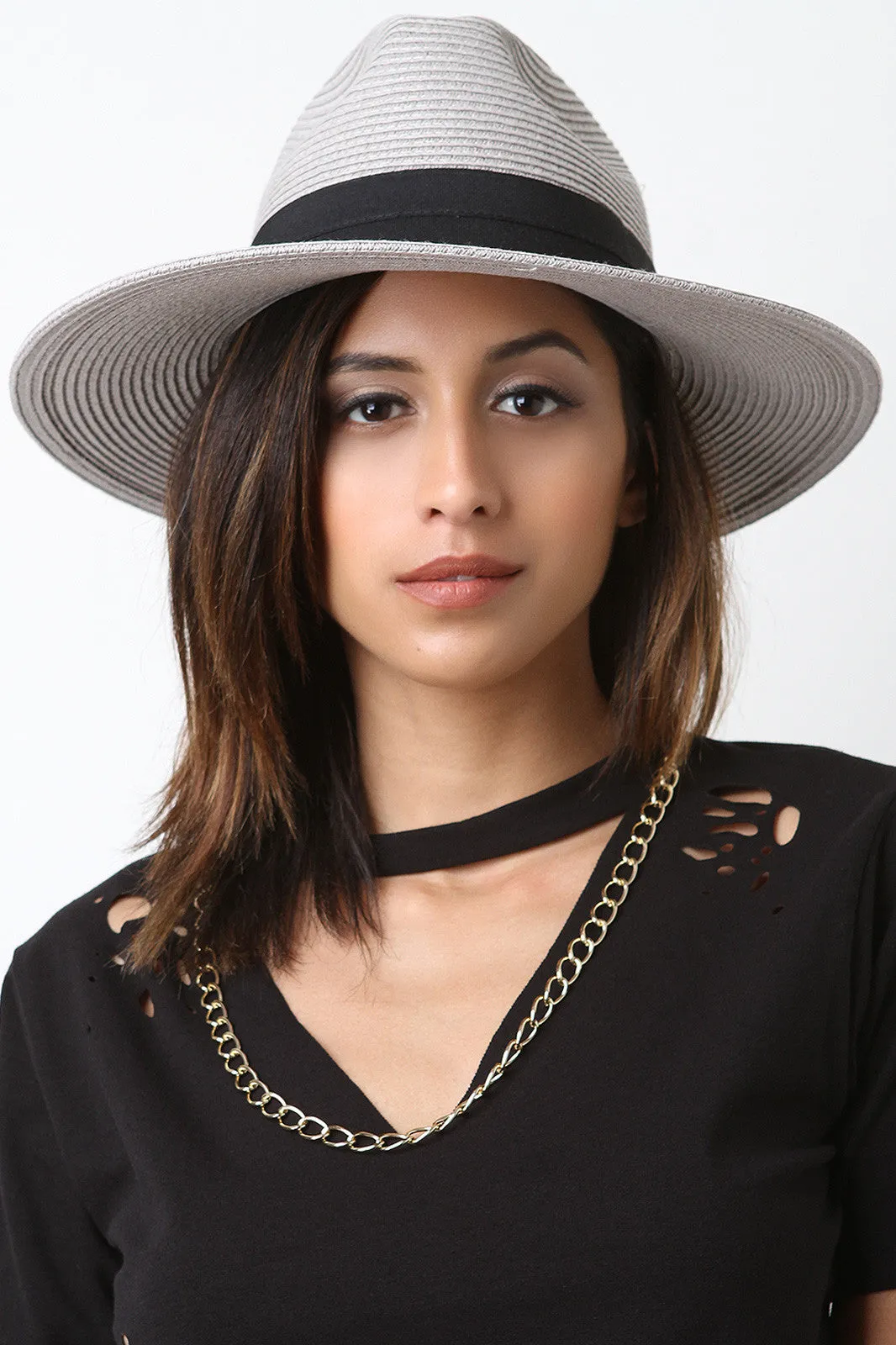 Stitched Straw Ribbon Trim Fedora Hat