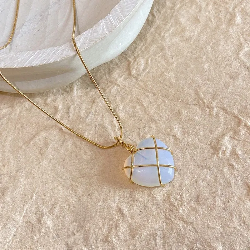 Sweet Gold Filled Opal Heart Pendant Choker Necklace