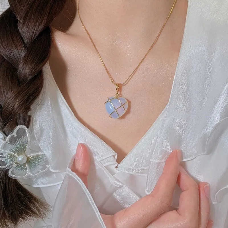 Sweet Gold Filled Opal Heart Pendant Choker Necklace
