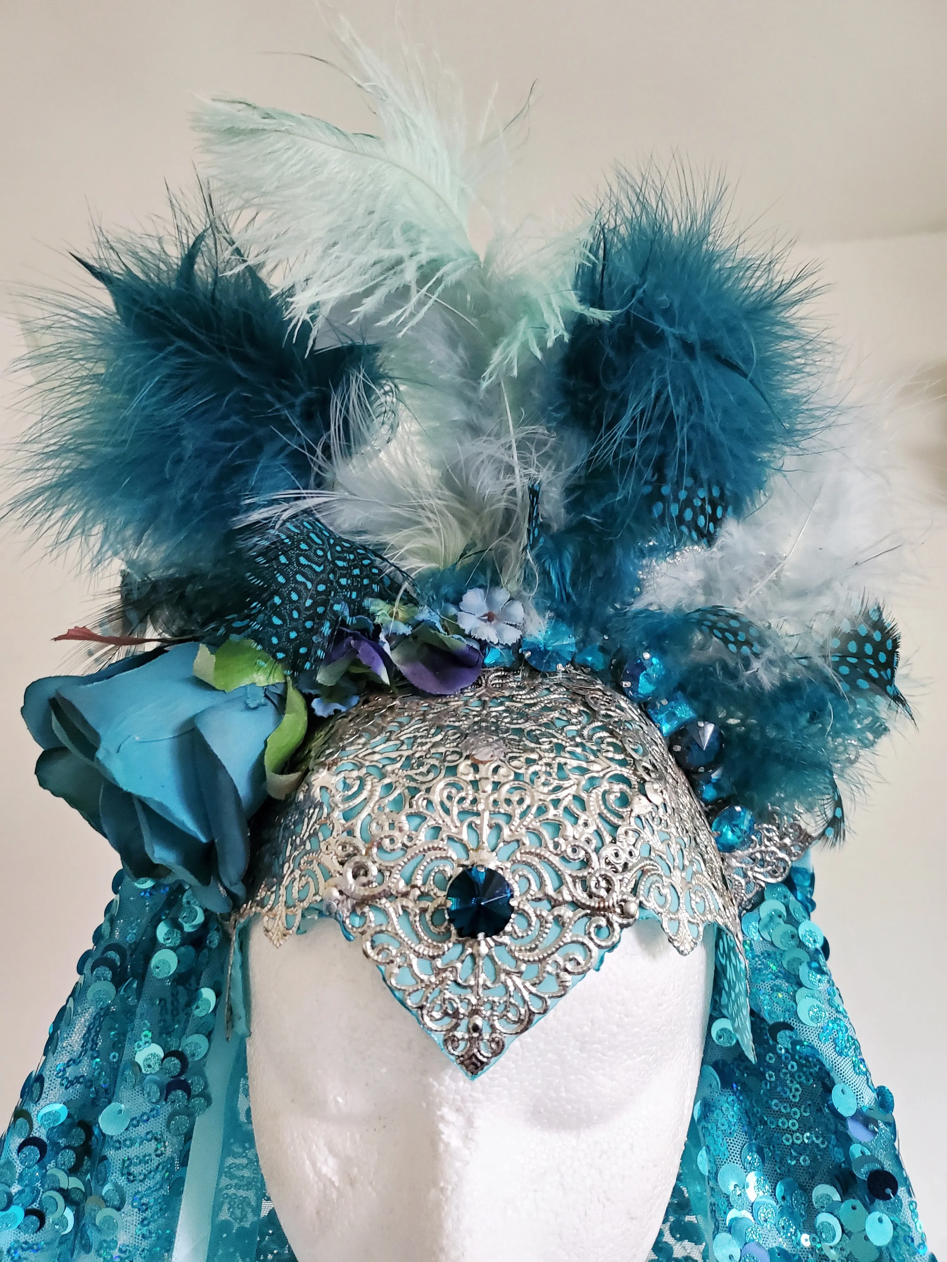 Teal Crown Feathered Headress with Sequin Veil