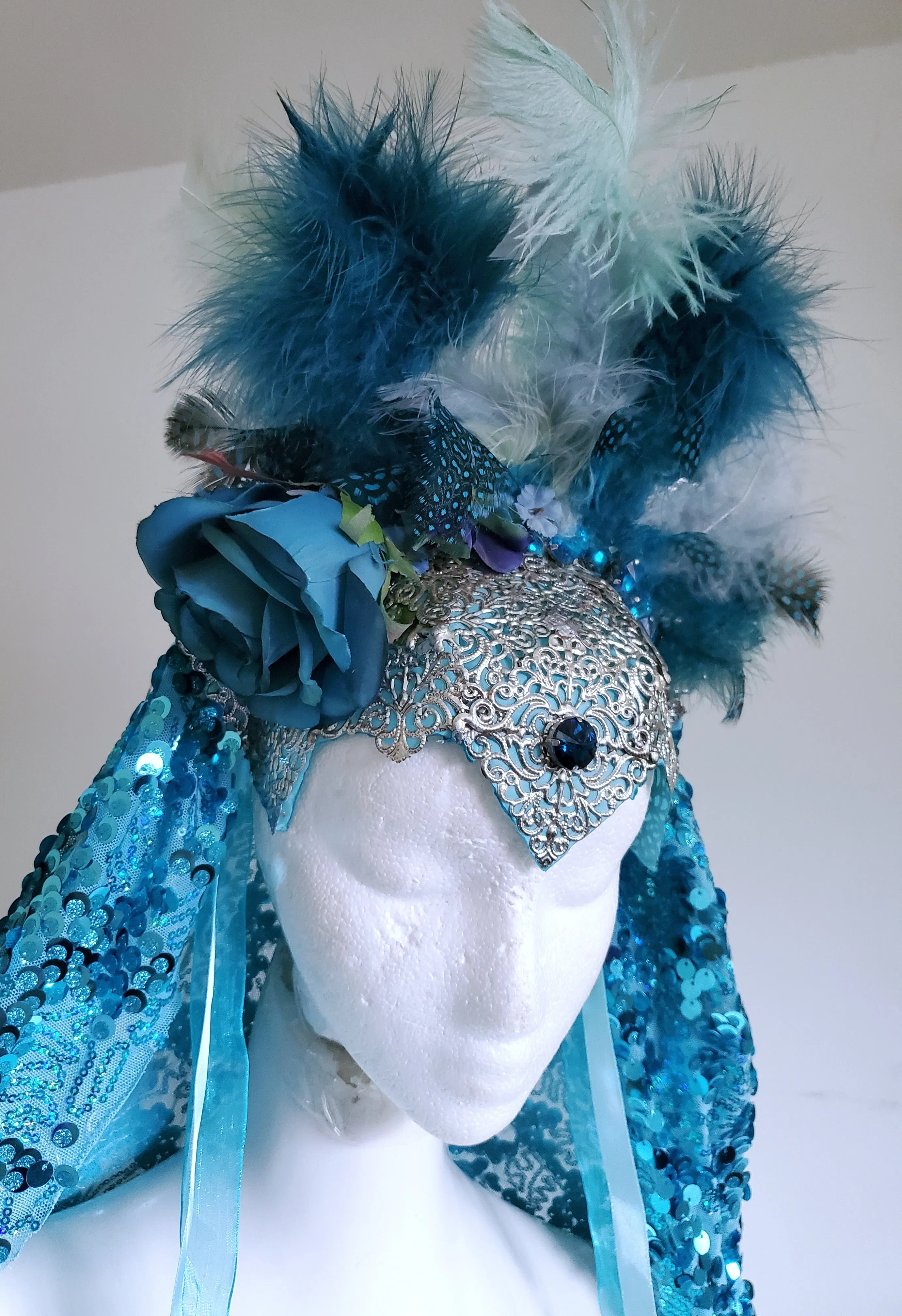 Teal Crown Feathered Headress with Sequin Veil