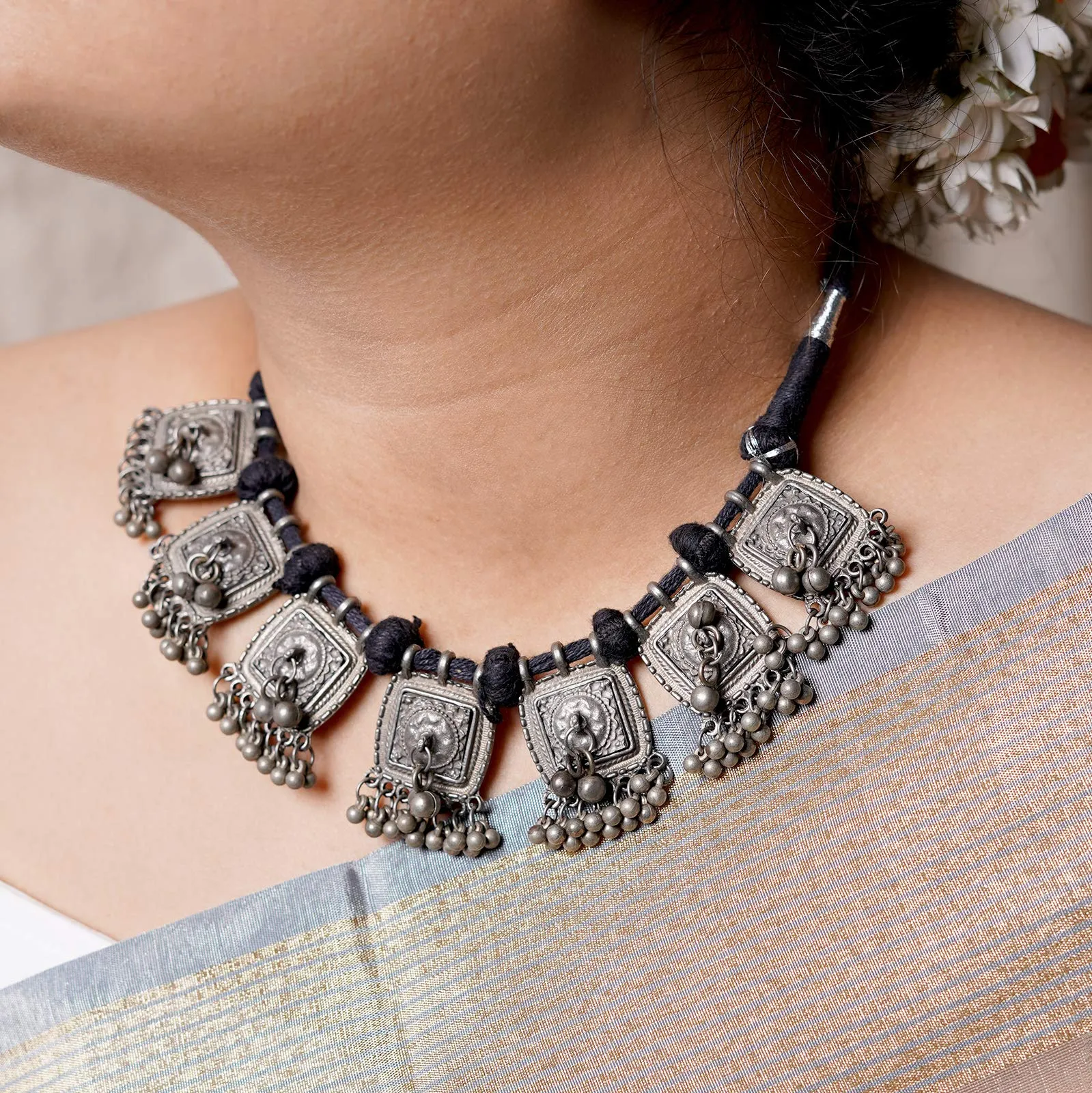 TEEJH Meera Silver Oxidised Choker Necklace For Women