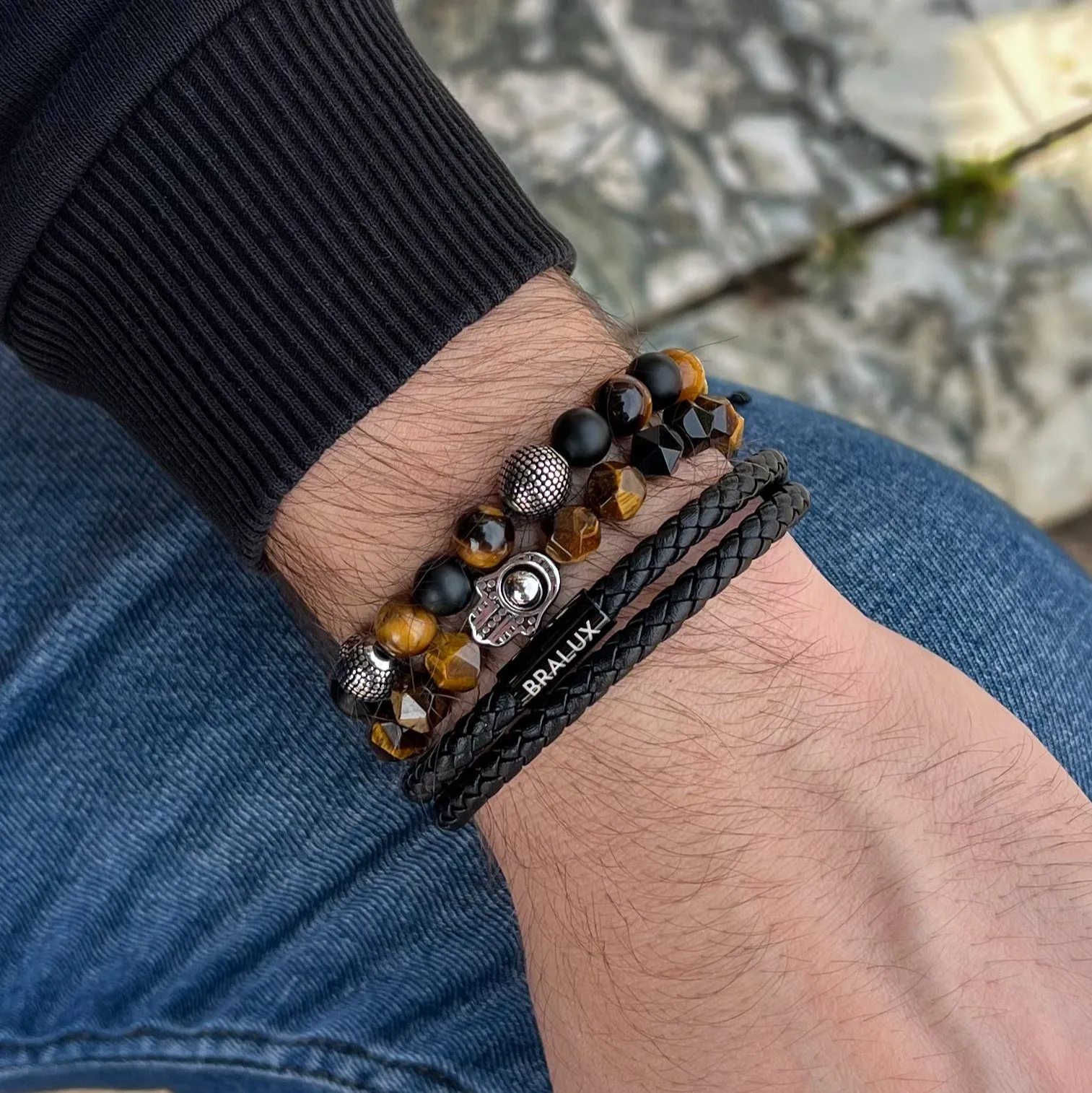 The Hamsa Hand Tiger eye Duo Leather Stack