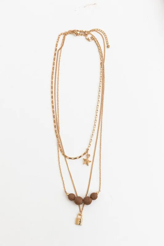 Three Layered Rustic Gold Charmed Necklace