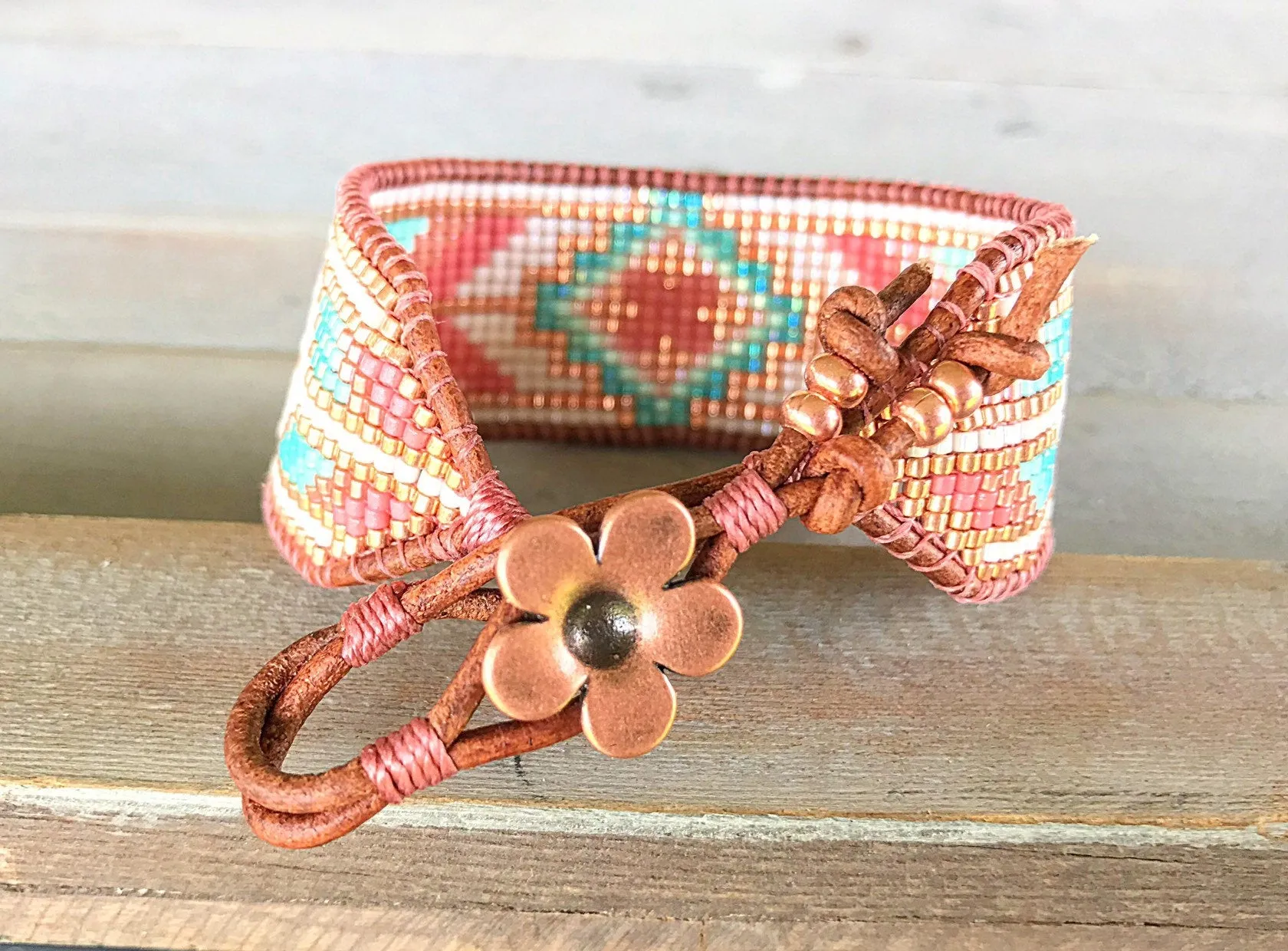 Turqouoise and Coral Loom Woven Southwestern Tribal Beaded Bracelet