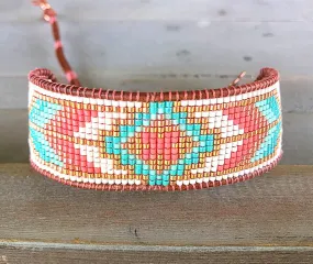 Turqouoise and Coral Loom Woven Southwestern Tribal Beaded Bracelet