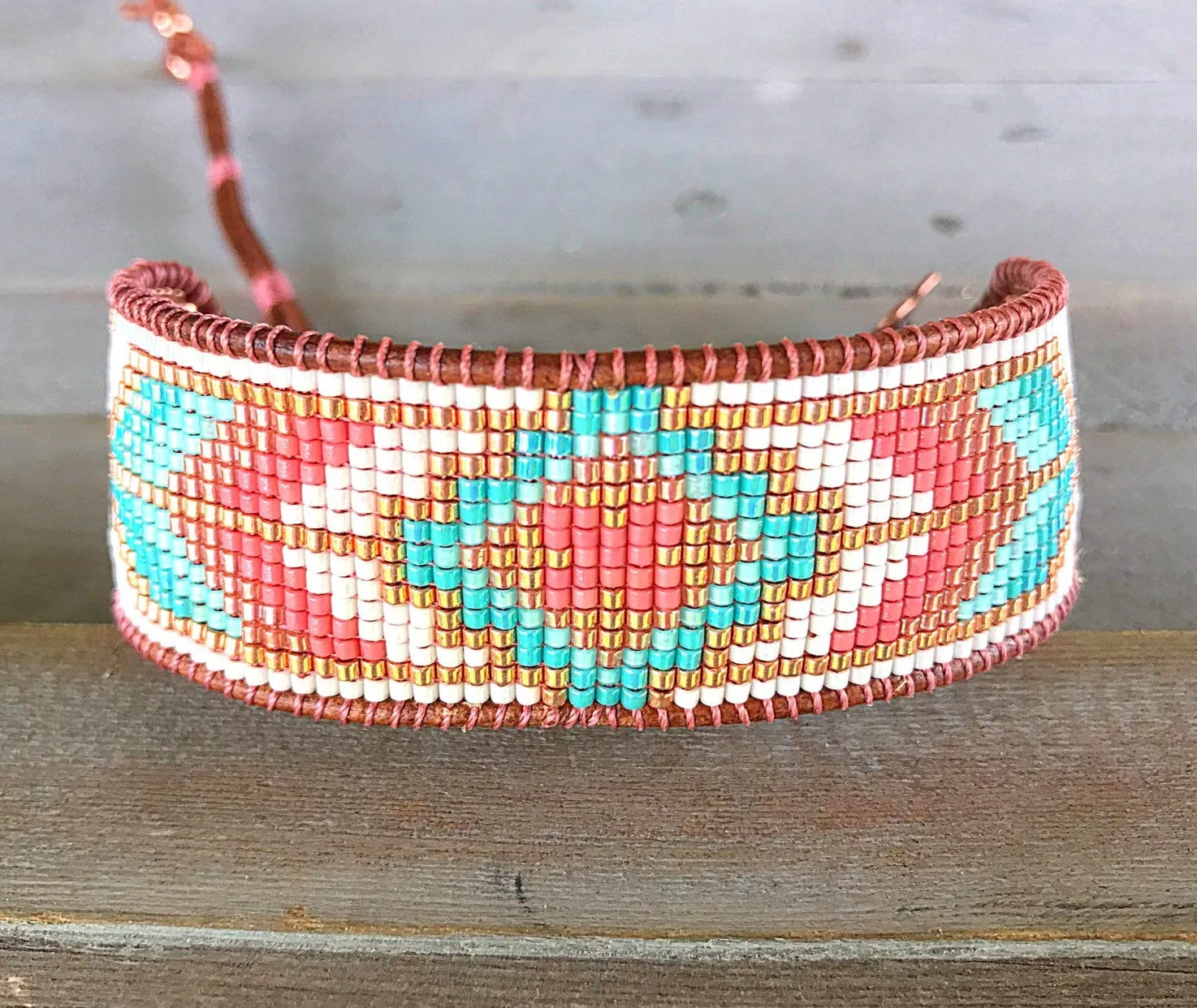 Turqouoise and Coral Loom Woven Southwestern Tribal Beaded Bracelet