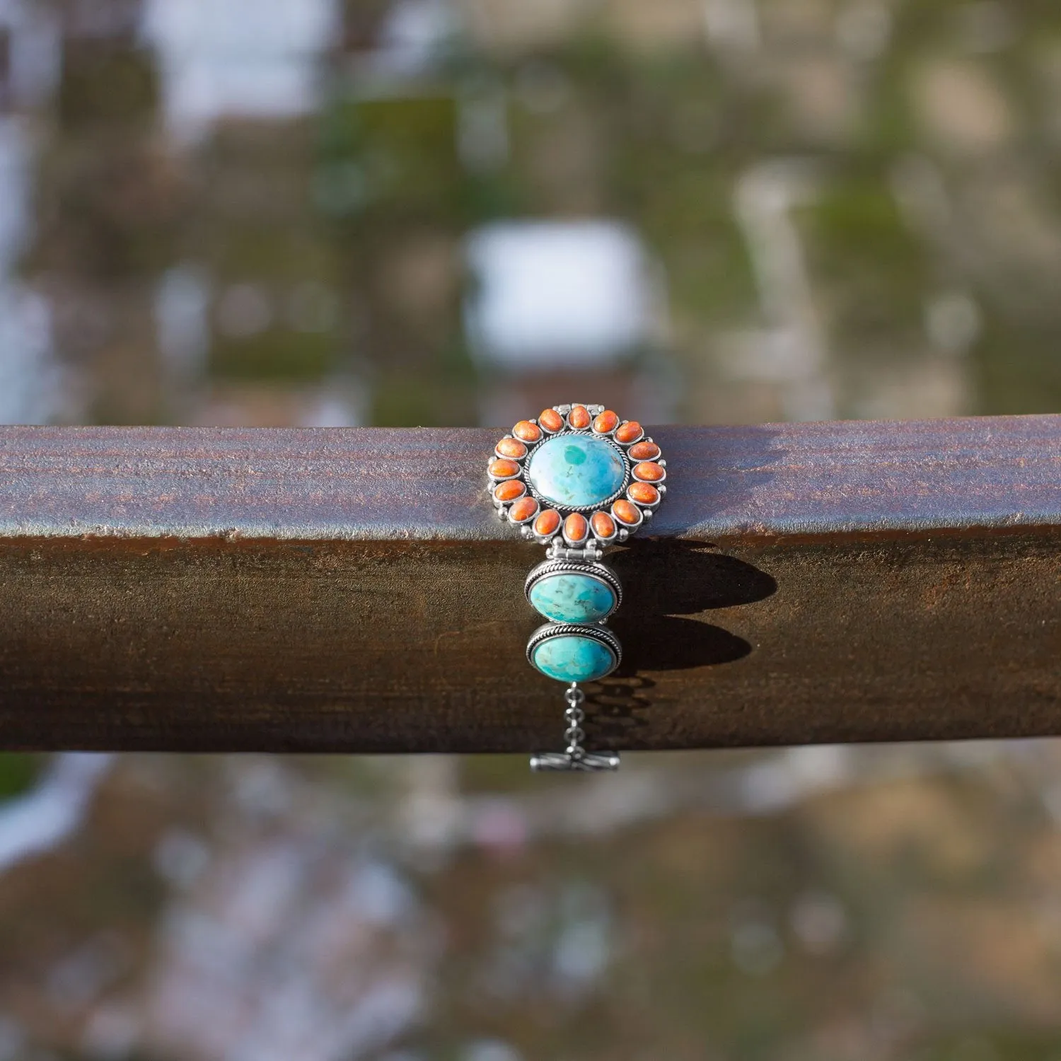 Turquoise and Coral Sunburst Toggle Bracelet
