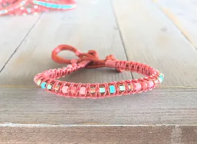 Turquoise and Coral Top Beaded Macrame Woven Leather Stack bracelet