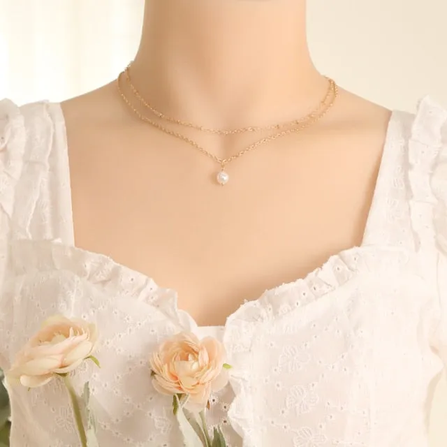 VenusFox New Fashion Kpop Pearl Choker Necklace for Women Cute Double Layer Round Chain Pendant Necklaces Jewelry Girl Gift