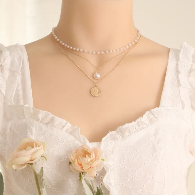 VenusFox New Fashion Kpop Pearl Choker Necklace for Women Cute Double Layer Round Chain Pendant Necklaces Jewelry Girl Gift