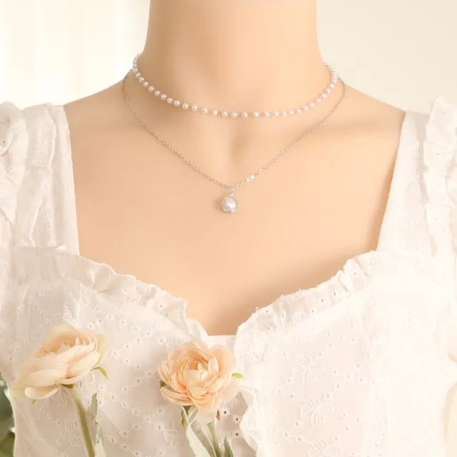 VenusFox New Fashion Kpop Pearl Choker Necklace for Women Cute Double Layer Round Chain Pendant Necklaces Jewelry Girl Gift
