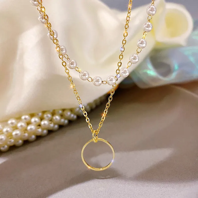 VenusFox New Fashion Kpop Pearl Choker Necklace for Women Cute Double Layer Round Chain Pendant Necklaces Jewelry Girl Gift
