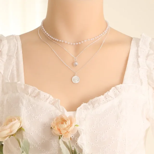 VenusFox New Fashion Kpop Pearl Choker Necklace for Women Cute Double Layer Round Chain Pendant Necklaces Jewelry Girl Gift