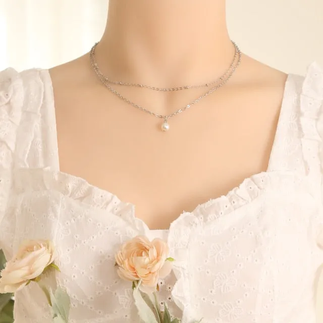 VenusFox New Fashion Kpop Pearl Choker Necklace for Women Cute Double Layer Round Chain Pendant Necklaces Jewelry Girl Gift