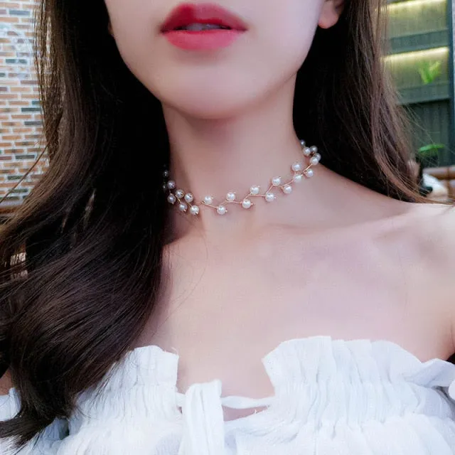 VenusFox New Fashion Kpop Pearl Choker Necklace for Women Cute Double Layer Round Chain Pendant Necklaces Jewelry Girl Gift