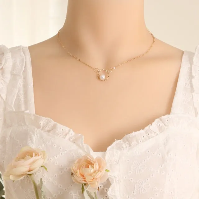 VenusFox New Fashion Kpop Pearl Choker Necklace for Women Cute Double Layer Round Chain Pendant Necklaces Jewelry Girl Gift