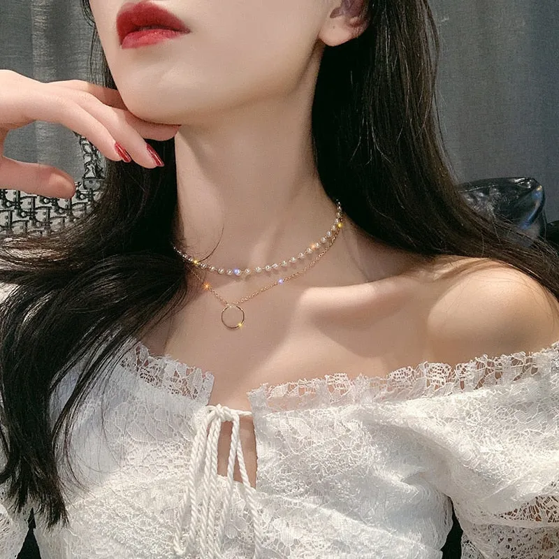 VenusFox New Fashion Kpop Pearl Choker Necklace for Women Cute Double Layer Round Chain Pendant Necklaces Jewelry Girl Gift