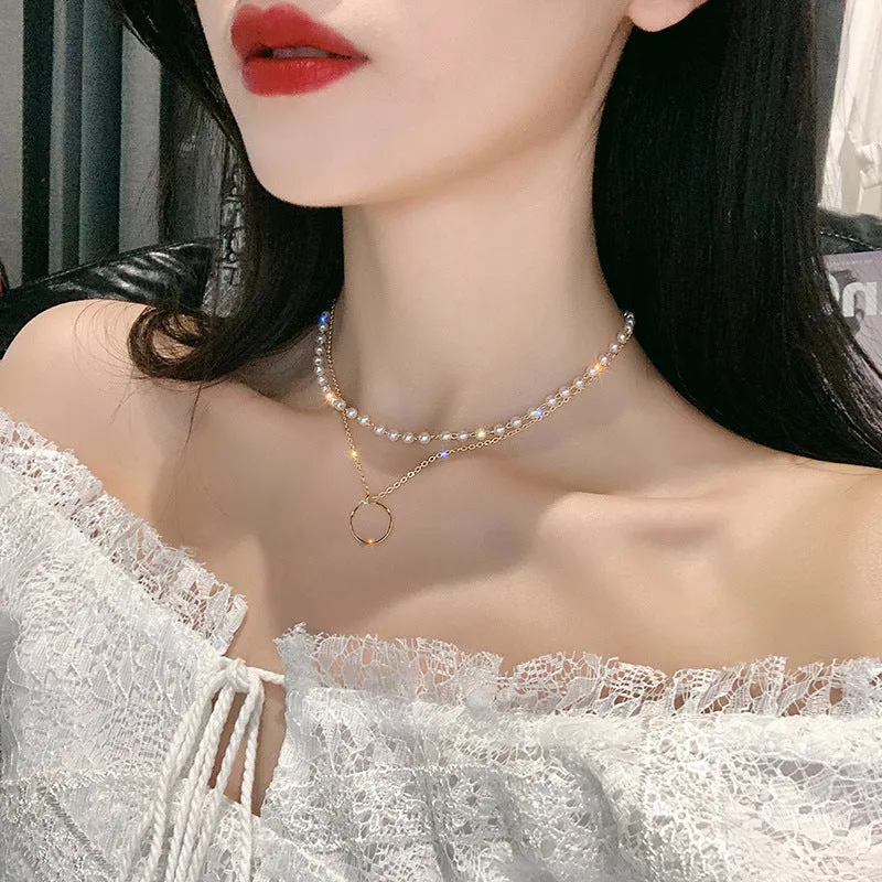 VenusFox New Fashion Kpop Pearl Choker Necklace for Women Cute Double Layer Round Chain Pendant Necklaces Jewelry Girl Gift