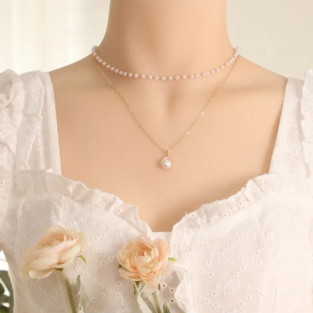 VenusFox New Fashion Kpop Pearl Choker Necklace for Women Cute Double Layer Round Chain Pendant Necklaces Jewelry Girl Gift