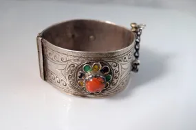 Vintage Berber Silver and Coral and Enamel Moroccan Bracelet