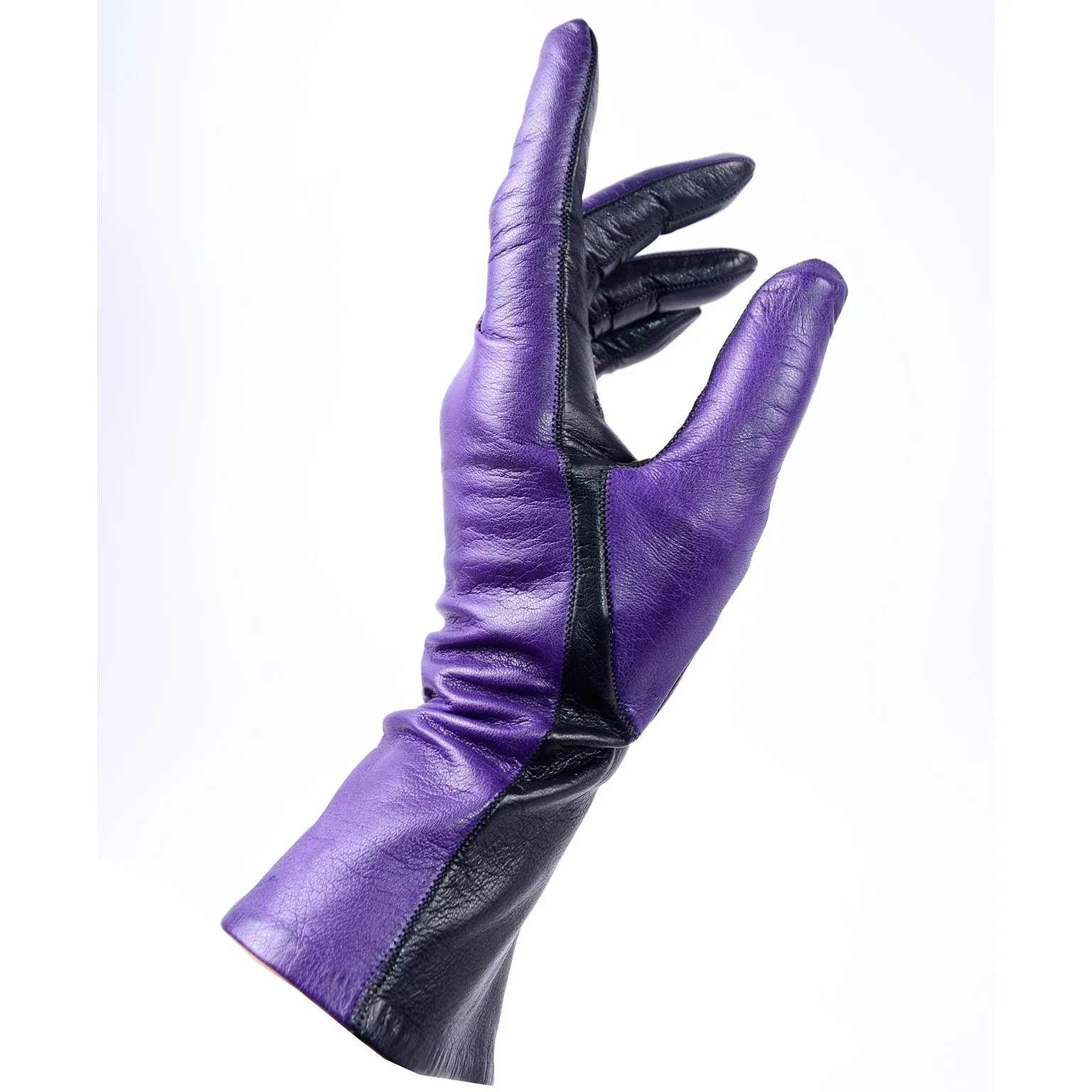 Vintage Bill Blass Purple and Black Two Toned Leather Gloves