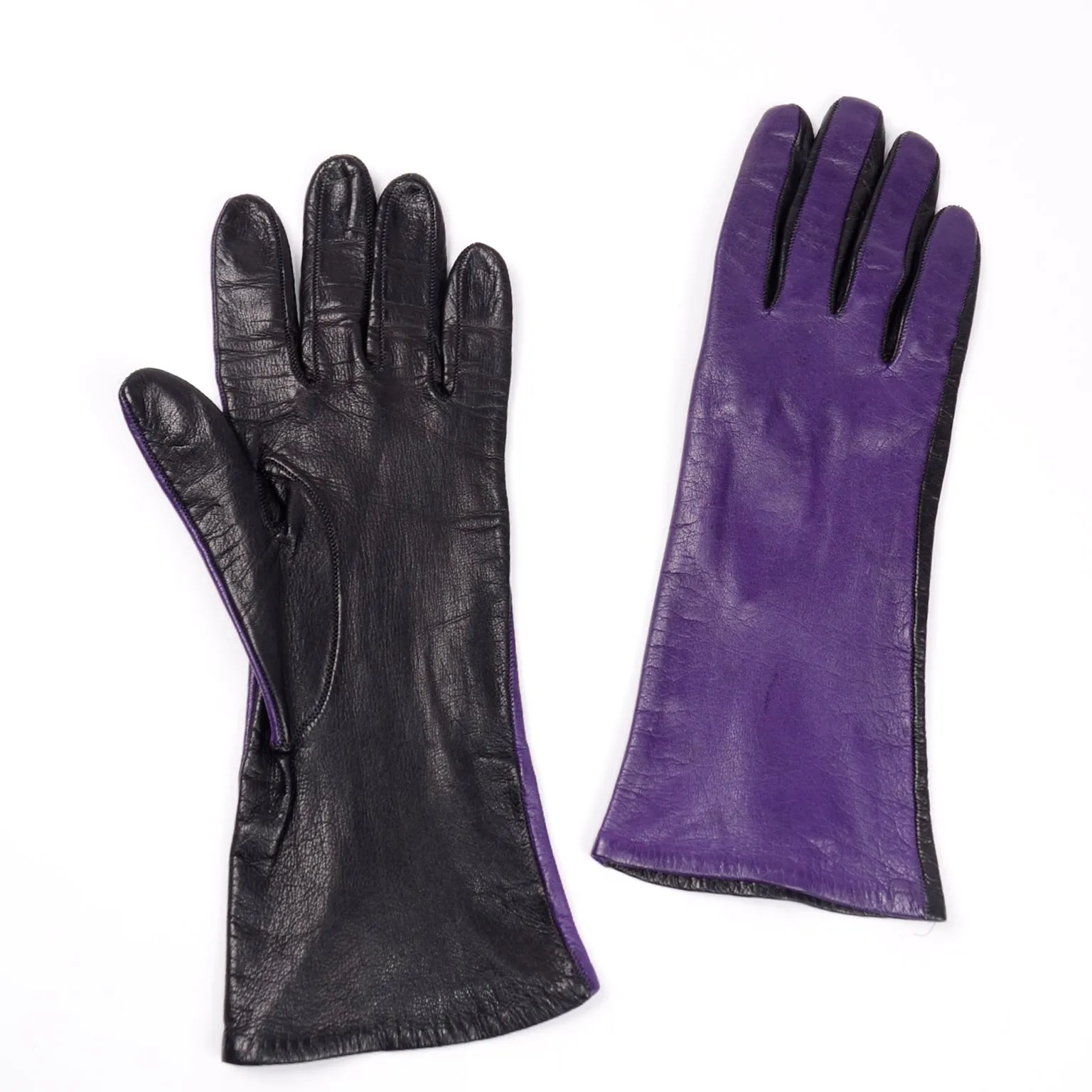 Vintage Bill Blass Purple and Black Two Toned Leather Gloves