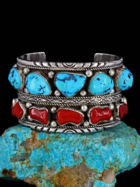Vintage Estate Turquoise and Coral Heavy Sterling Cuff Bracelet