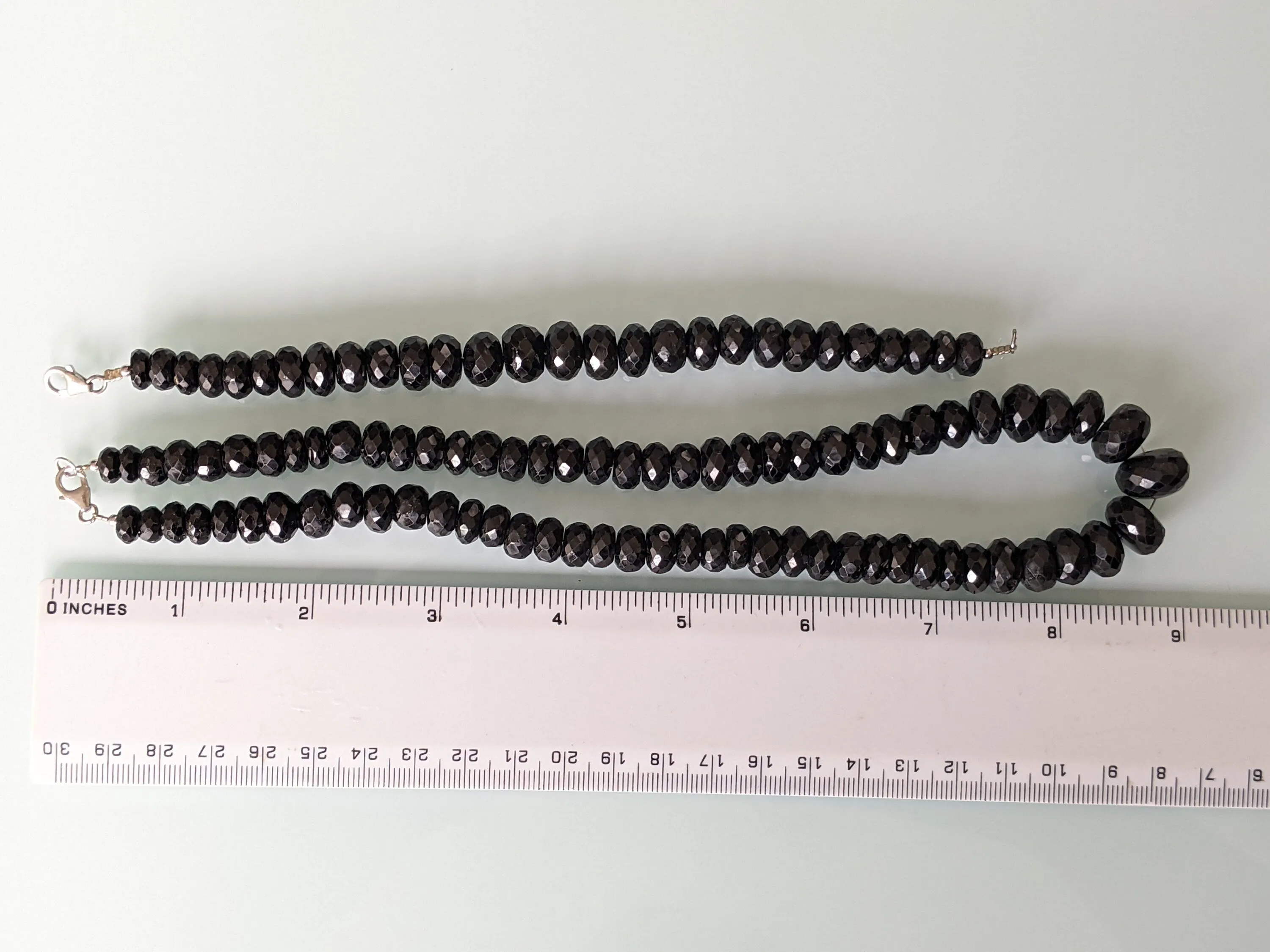 Vintage heavy black onyx gemstone beaded necklace and bracelet set, fabulous large gemstone beads, hand-faceted, sterling silver clasps