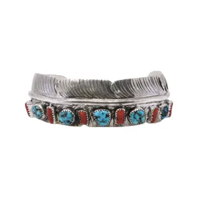 Vintage Navajo Sterling Silver Feather Bangle Cuff with Red Coral & Turquoise