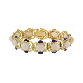 Vintage Retro Era 18KT Yellow Gold Angel Skin Coral And Blue Enamel Link Bracelet