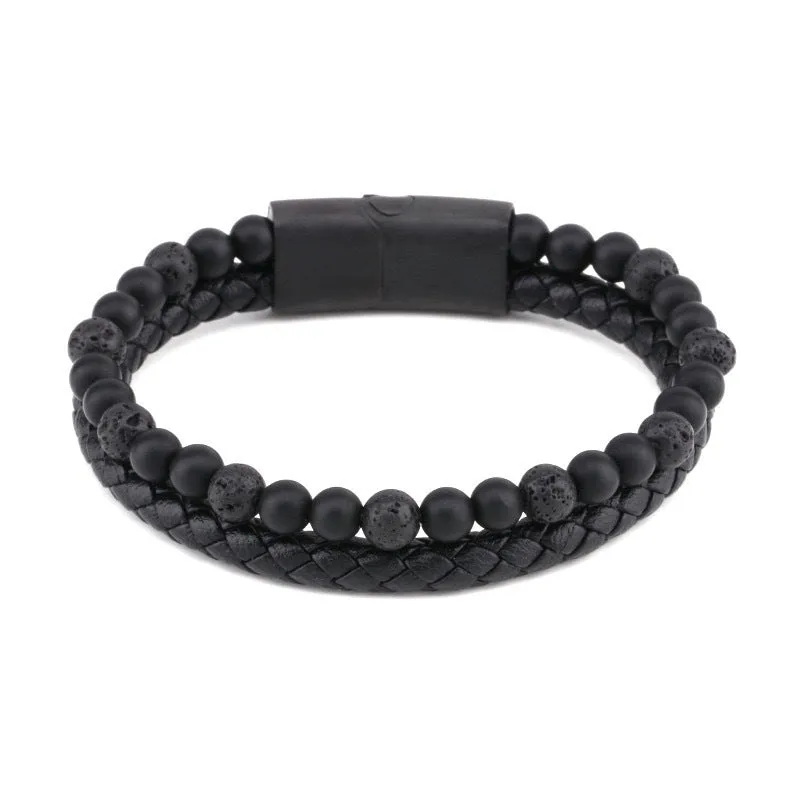 Volcanic Natural Stone Agate Tiger Eye Bracelet Stainless Steel Beaded Leather Rope Men's and Women's Bracelet