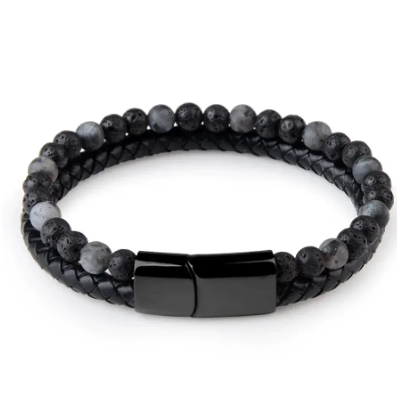 Volcanic Natural Stone Agate Tiger Eye Bracelet Stainless Steel Beaded Leather Rope Men's and Women's Bracelet