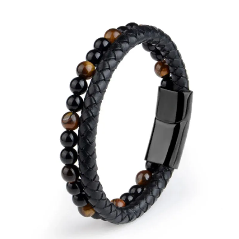 Volcanic Natural Stone Agate Tiger Eye Bracelet Stainless Steel Beaded Leather Rope Men's and Women's Bracelet
