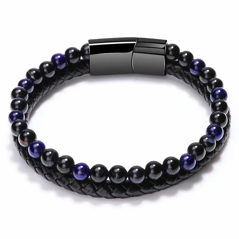 Volcanic Natural Stone Agate Tiger Eye Bracelet Stainless Steel Beaded Leather Rope Men's and Women's Bracelet
