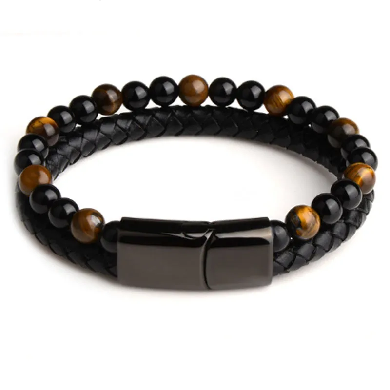 Volcanic Natural Stone Agate Tiger Eye Bracelet Stainless Steel Beaded Leather Rope Men's and Women's Bracelet