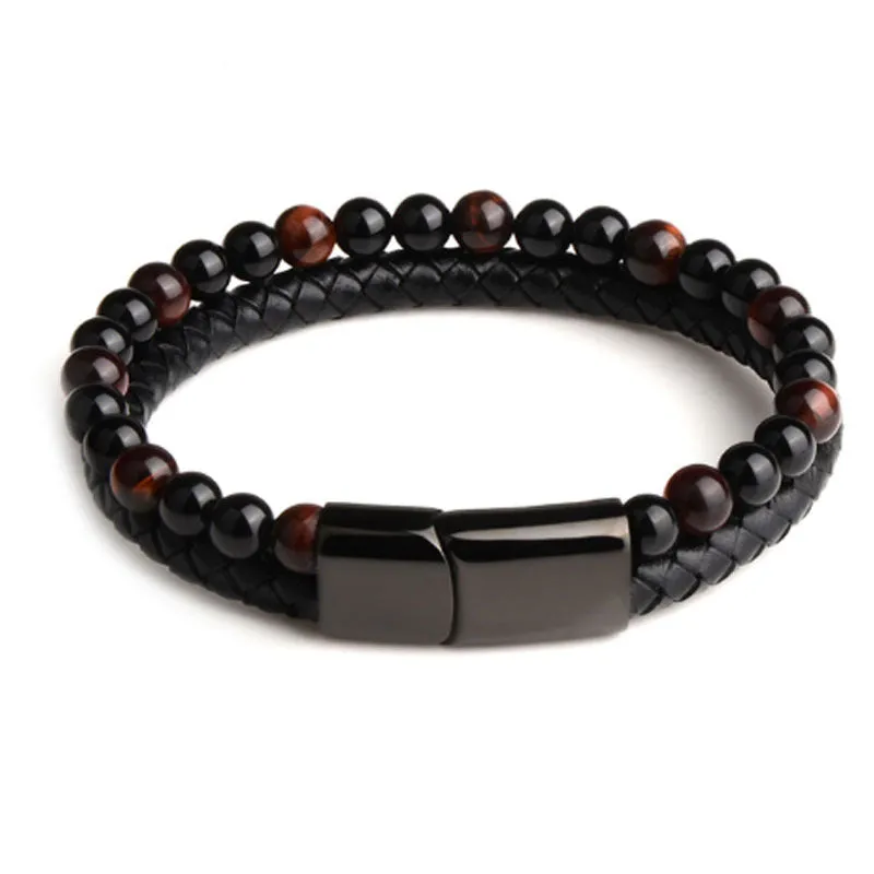Volcanic Natural Stone Agate Tiger Eye Bracelet Stainless Steel Beaded Leather Rope Men's and Women's Bracelet