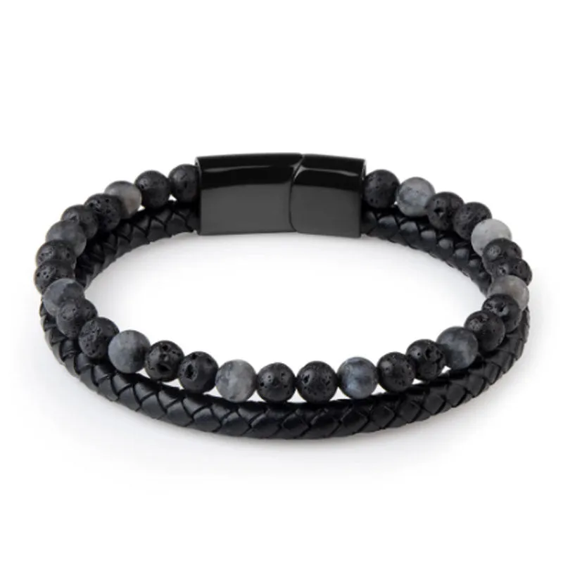 Volcanic Natural Stone Agate Tiger Eye Bracelet Stainless Steel Beaded Leather Rope Men's and Women's Bracelet