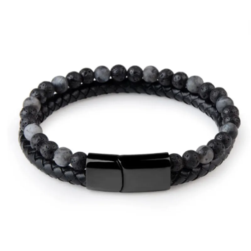 Volcanic Natural Stone Agate Tiger Eye Bracelet Stainless Steel Beaded Leather Rope Men's and Women's Bracelet