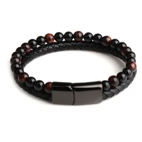 Volcanic Natural Stone Agate Tiger Eye Bracelet Stainless Steel Beaded Leather Rope Men's and Women's Bracelet