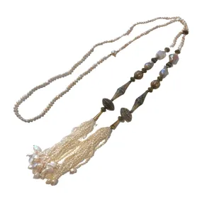 White Baroque Pearl Lariat Necklace with Tribal Beads and Pearl Tassels
