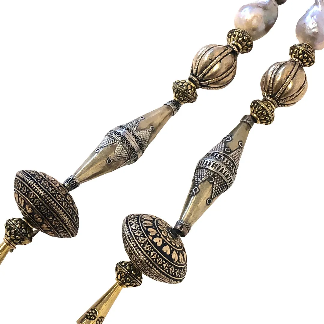 White Baroque Pearl Lariat Necklace with Tribal Beads and Pearl Tassels