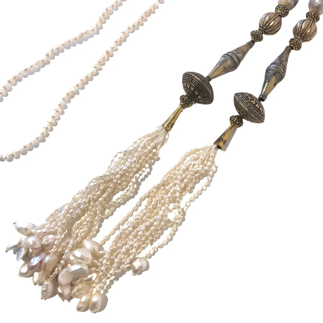 White Baroque Pearl Lariat Necklace with Tribal Beads and Pearl Tassels