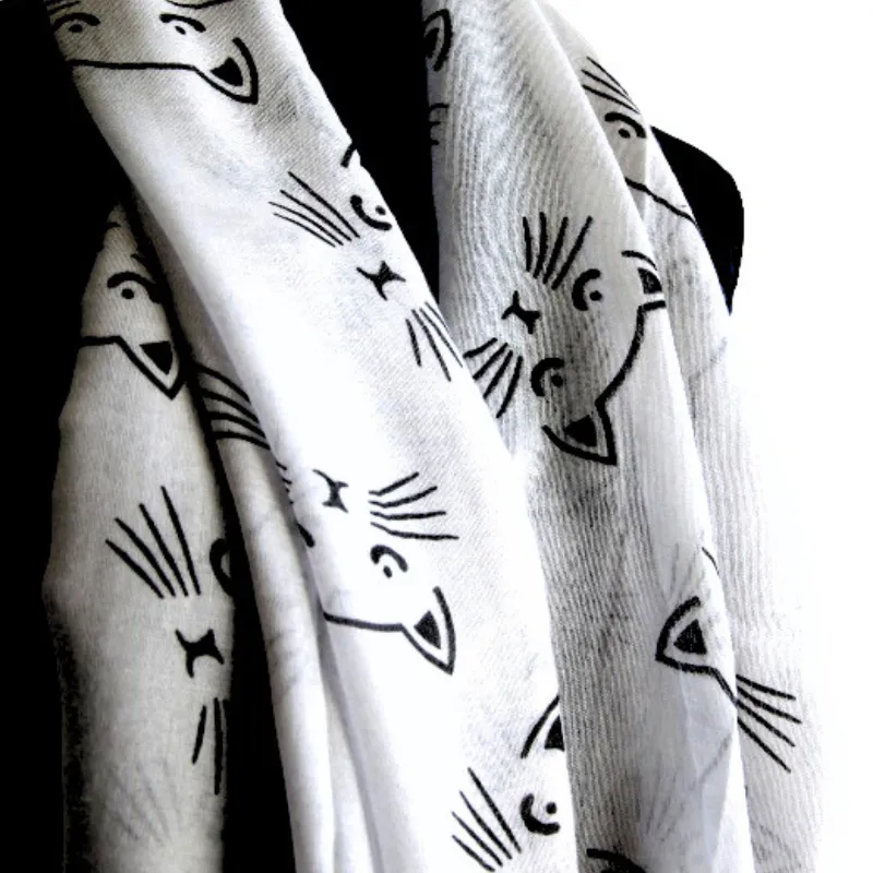 White Black Cat Face Scarf