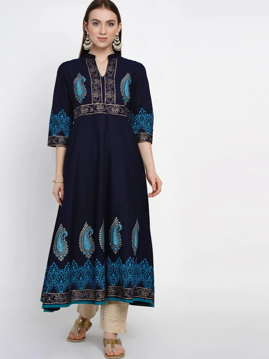 Women Traditional Coral Blue Cotton Anarkali With Ajrakh Hand Block Print - Inayat