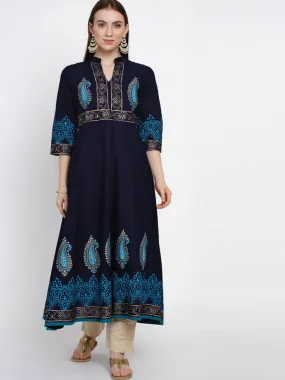 Women Traditional Coral Blue Cotton Anarkali With Ajrakh Hand Block Print - Inayat