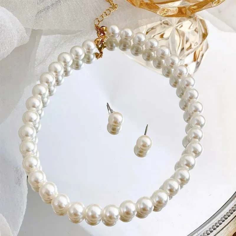 Women's Temperament Pearl Earrings And Necklace Jewelry Set