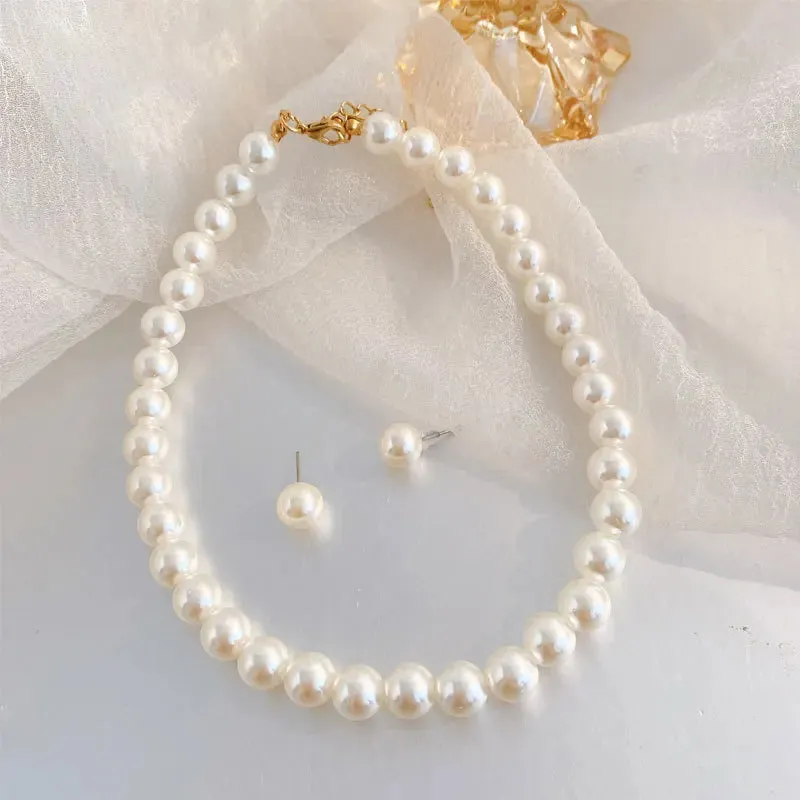 Women's Temperament Pearl Earrings And Necklace Jewelry Set