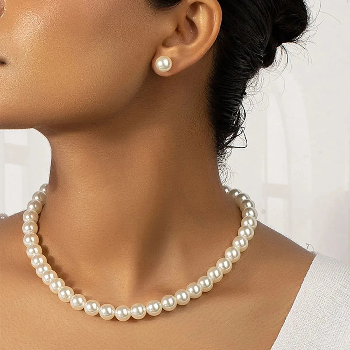 Women's Temperament Pearl Earrings And Necklace Jewelry Set
