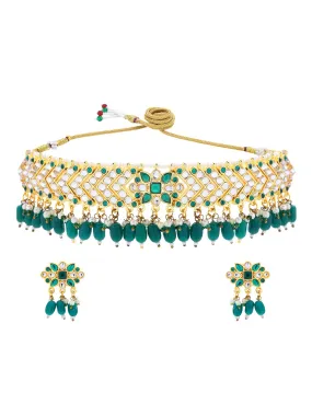 Yellow Chimes Ethnic Handcrafted Kundan Jewellery Set Gold Plated Traditional Choker Necklace Set for women & Girls (Green Golden)